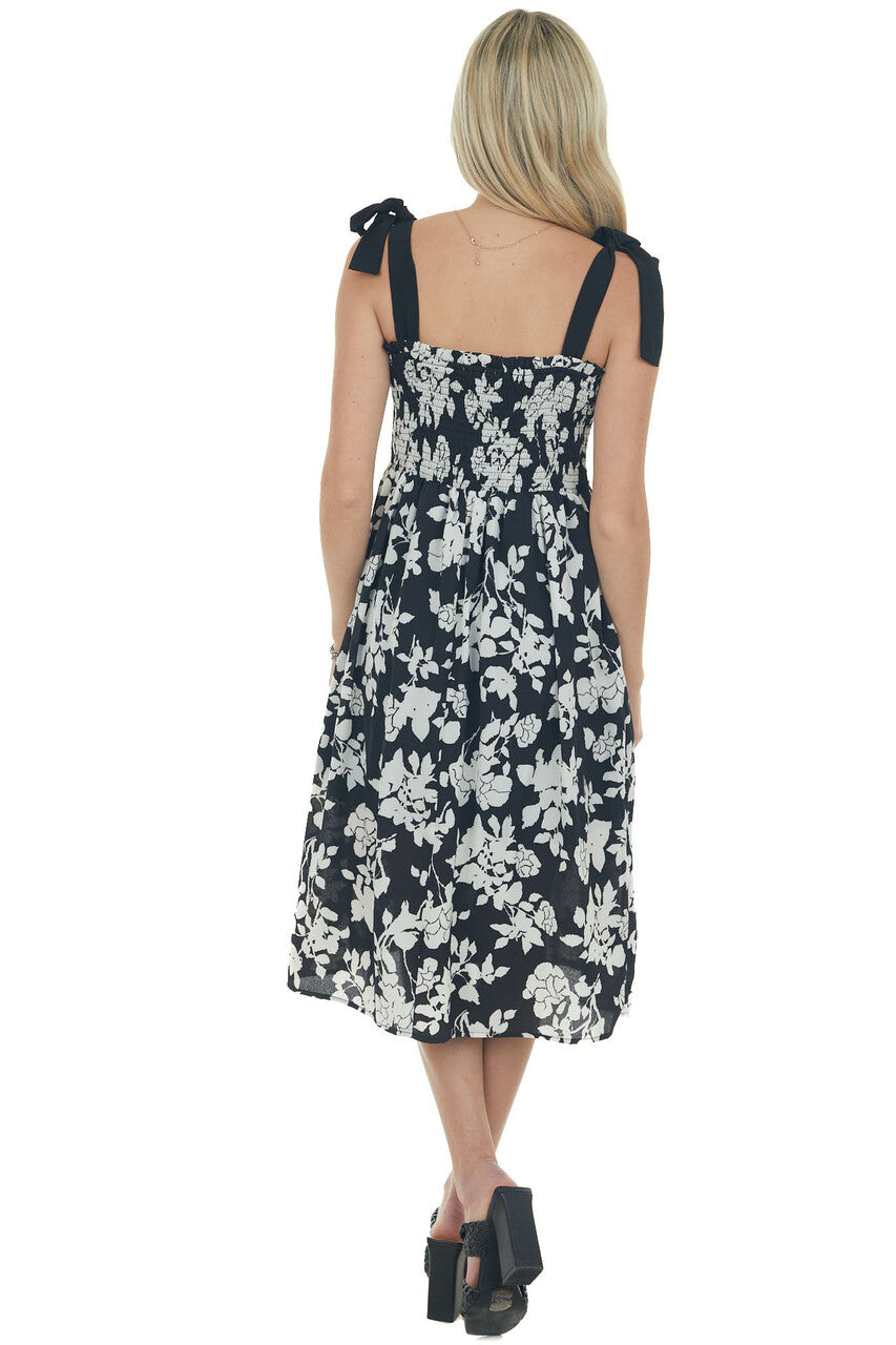 Black Floral Print Smocked Sleeveless Dress