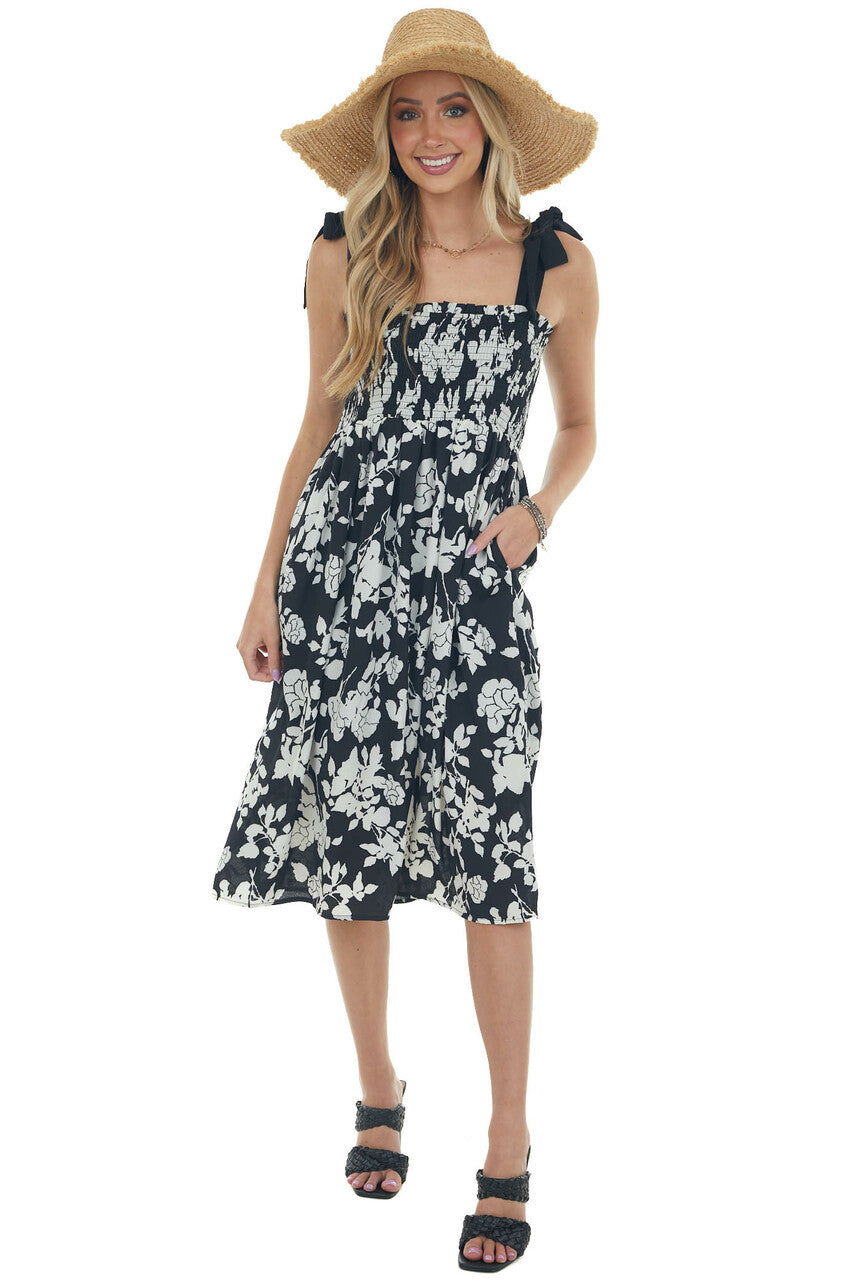 Black Floral Print Smocked Sleeveless Dress