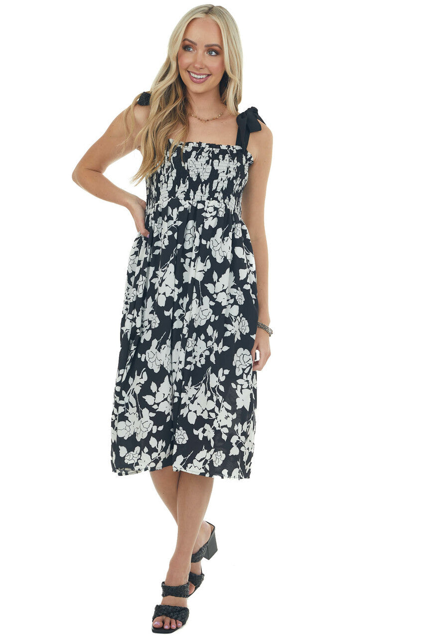 Black Floral Print Smocked Sleeveless Dress