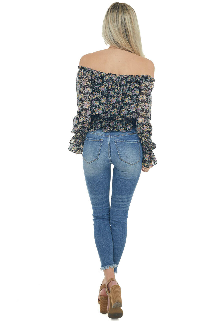 Black Floral Print Smocked Waist Blouse