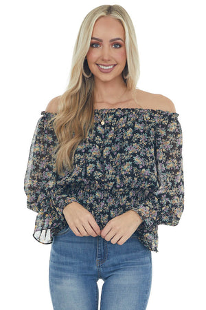 Black Floral Print Smocked Waist Blouse