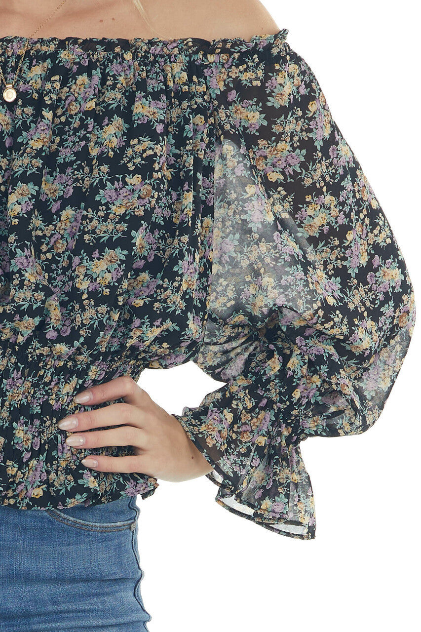 Black Floral Print Smocked Waist Blouse