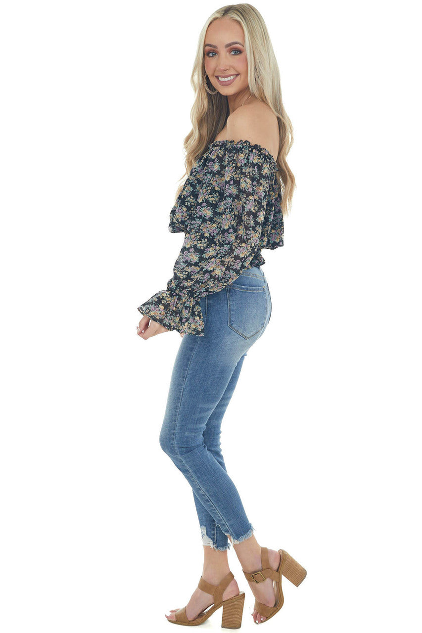 Black Floral Print Smocked Waist Blouse