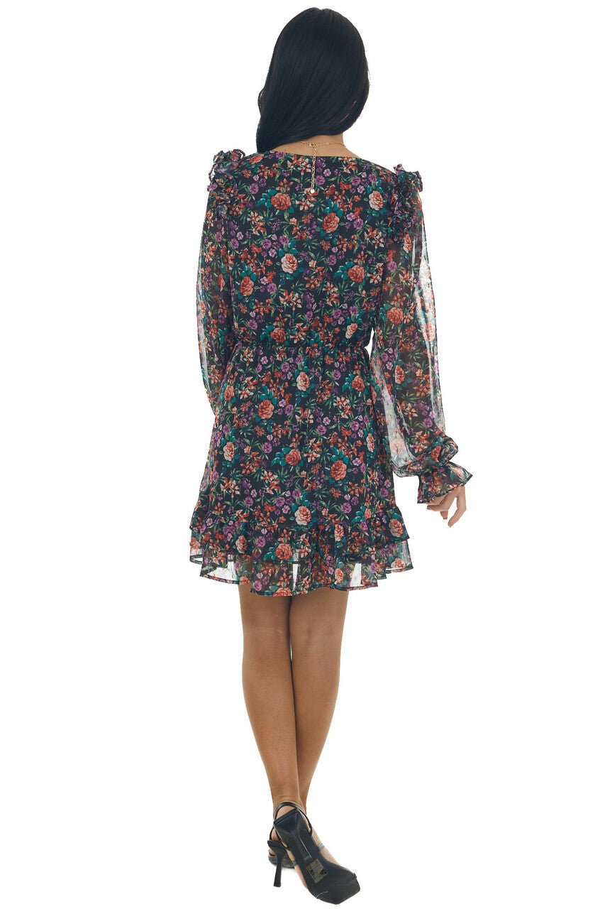 Black Floral Print Surplice Woven Mini Dress