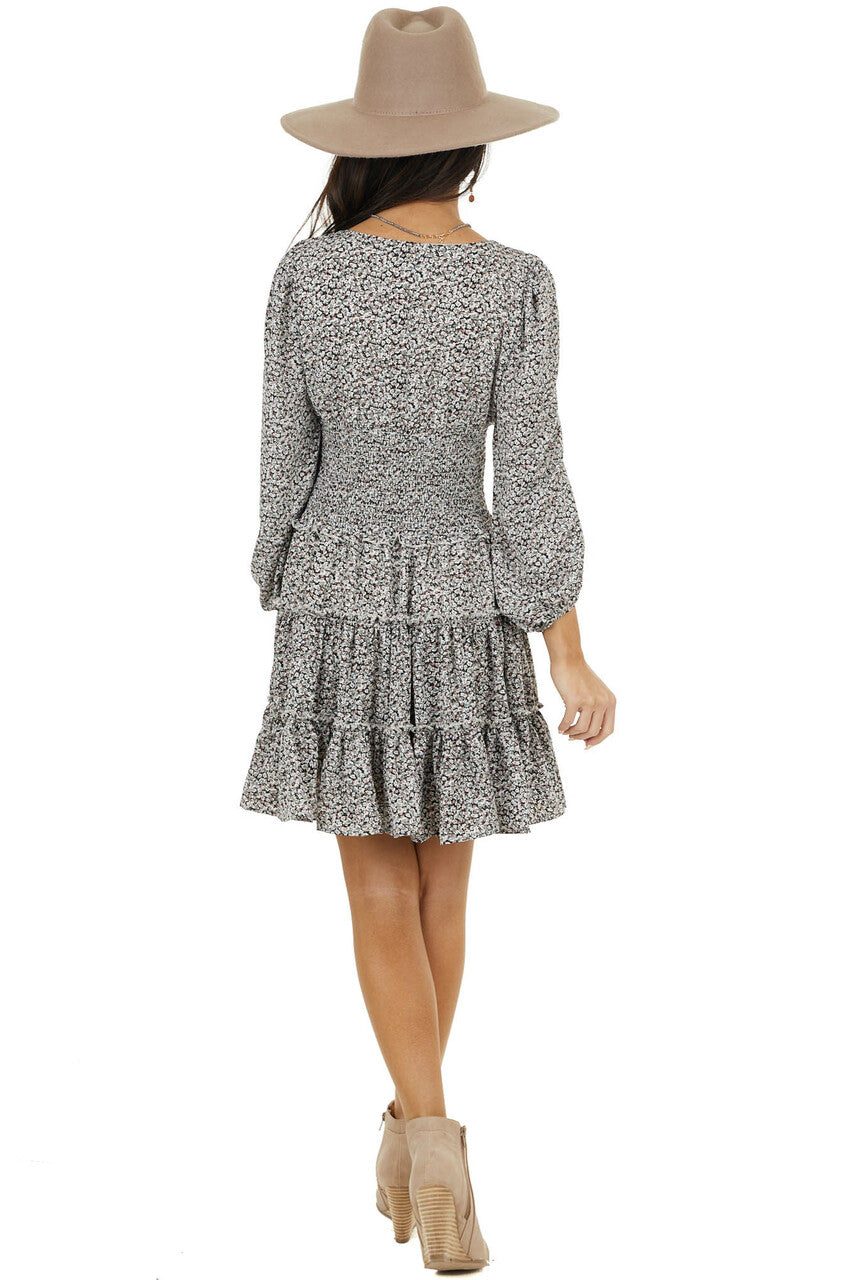 Black Floral Print Tiered Woven Dress with Smocked Waist