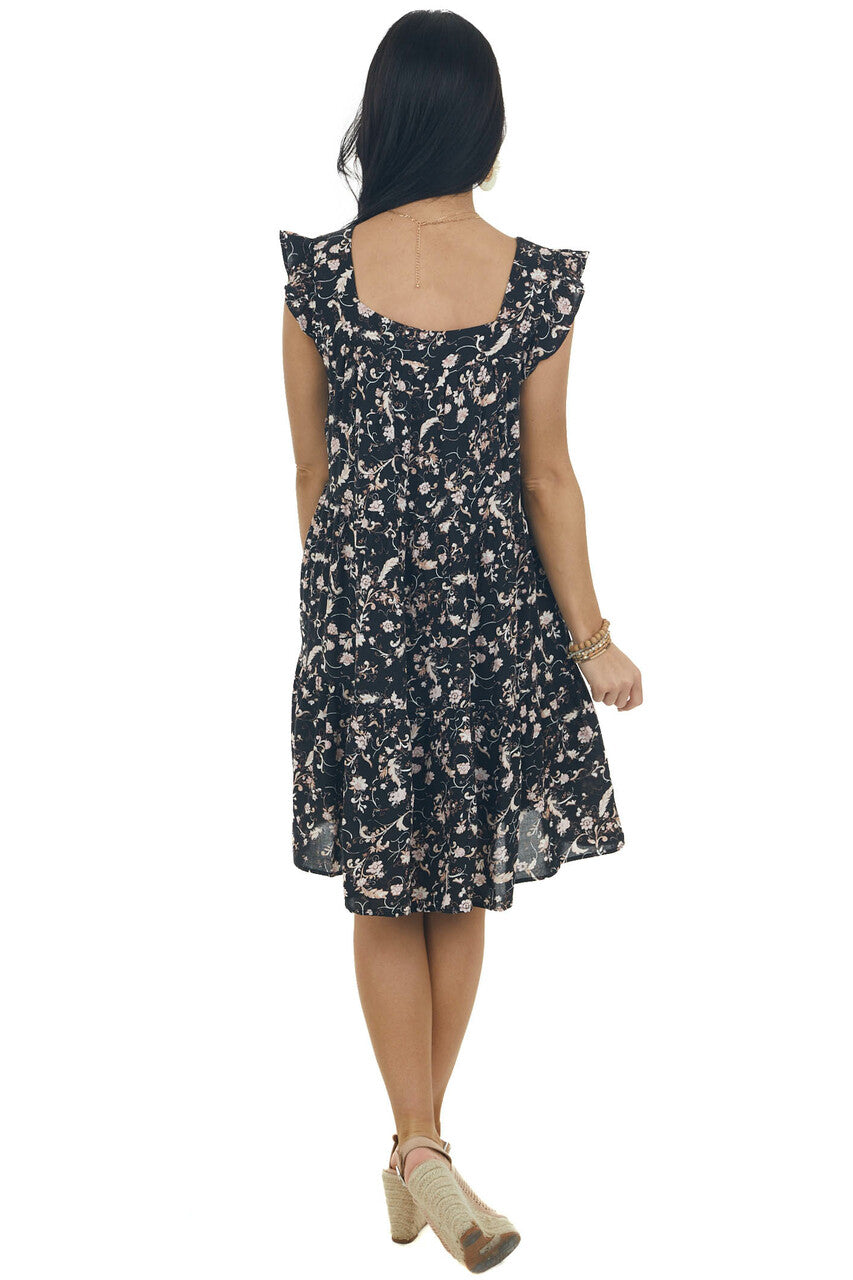 Black Floral Print Tiered Woven Short Dress