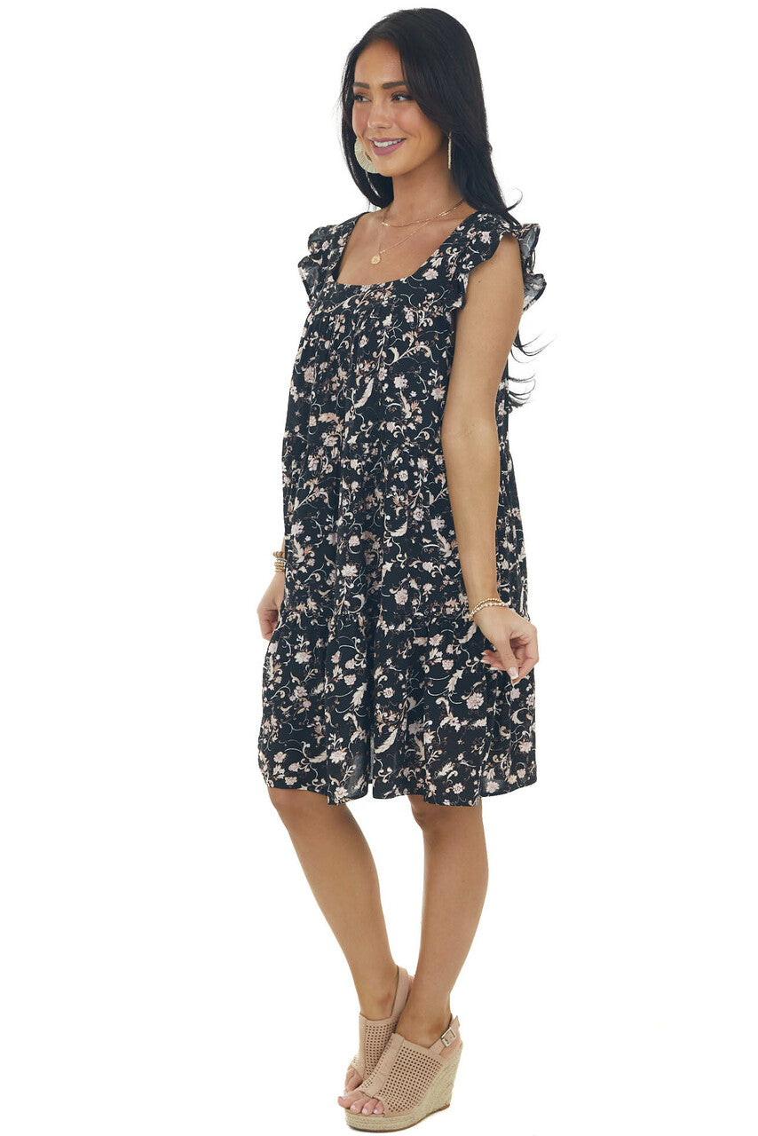 Black Floral Print Tiered Woven Short Dress