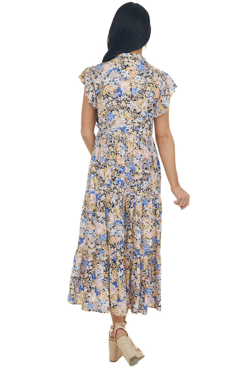 Black Floral Rouched Flutter Sleeve Maxi Dress