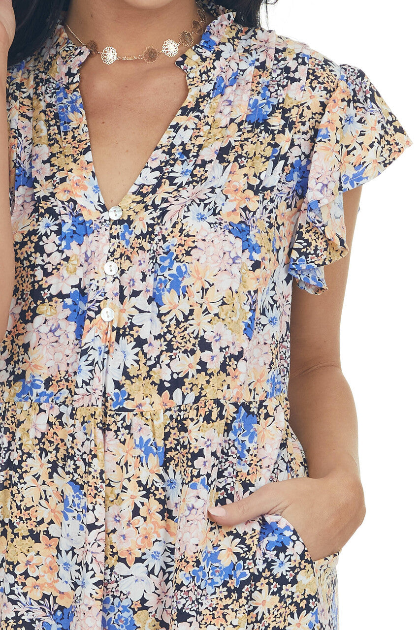 Black Floral Rouched Flutter Sleeve Maxi Dress