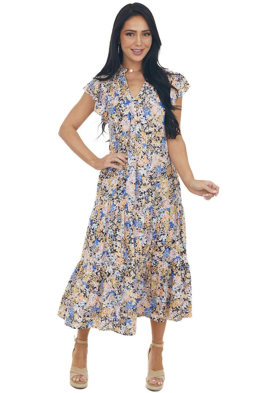 Black Floral Rouched Flutter Sleeve Maxi Dress