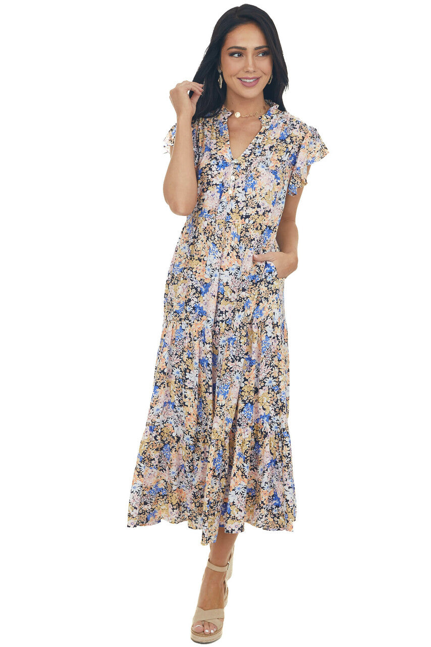 Black Floral Rouched Flutter Sleeve Maxi Dress