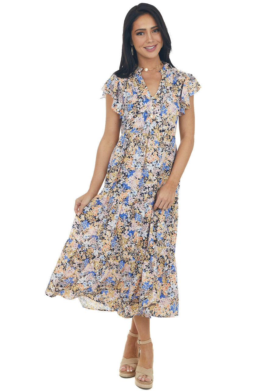 Black Floral Rouched Flutter Sleeve Maxi Dress