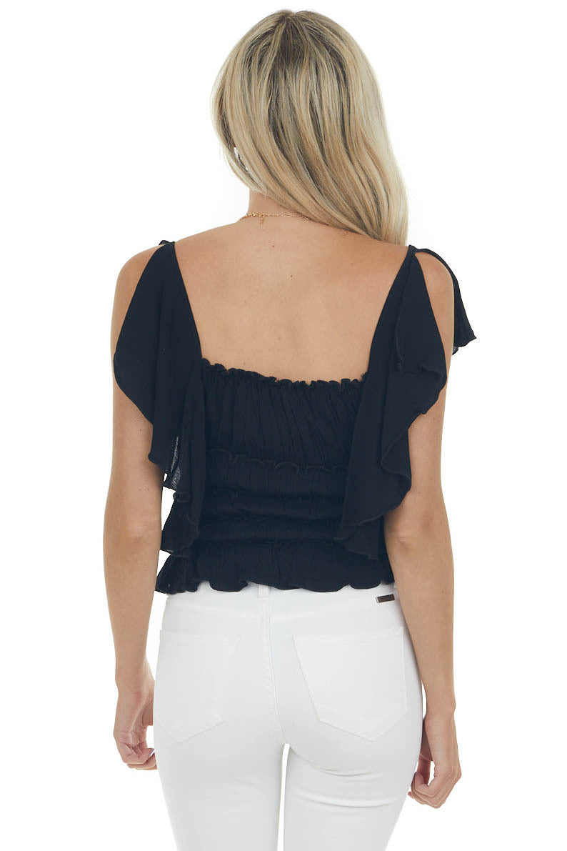 Black Frill Ruched Flutter Sleeve Bodysuit