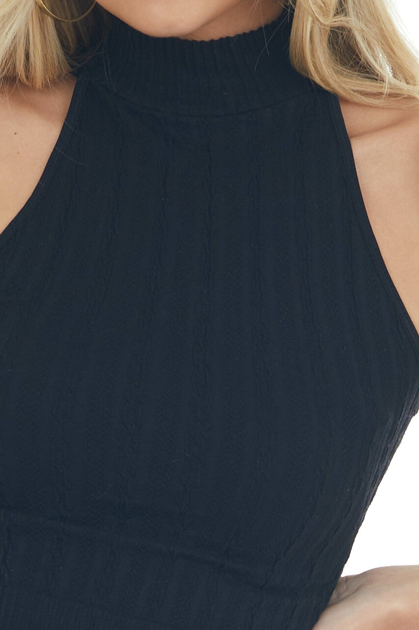 Black Halter Mock Neck Cable Knit Tank