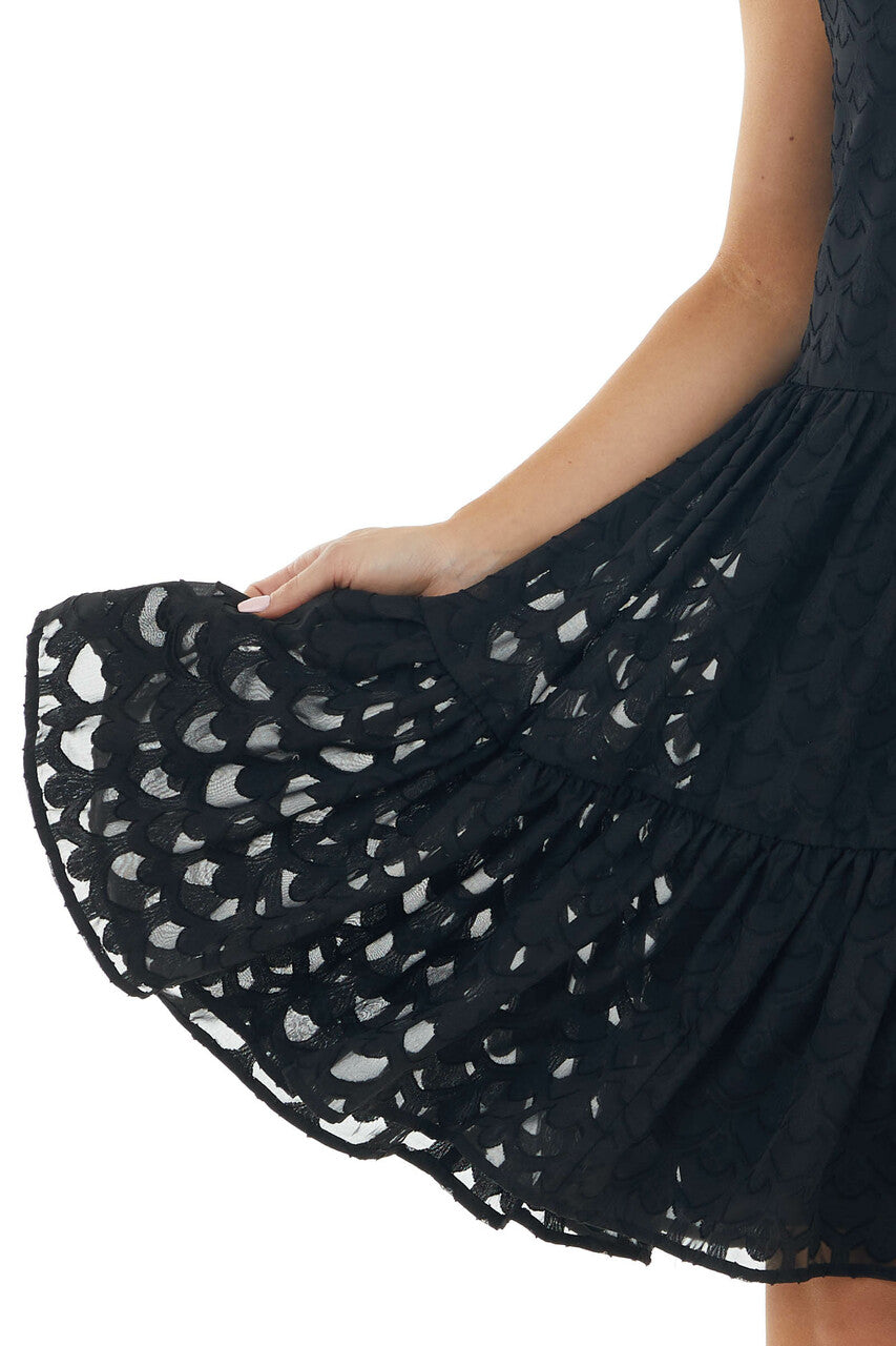 Black Jacquard Textured Tiered Dress with Halter Neckline 