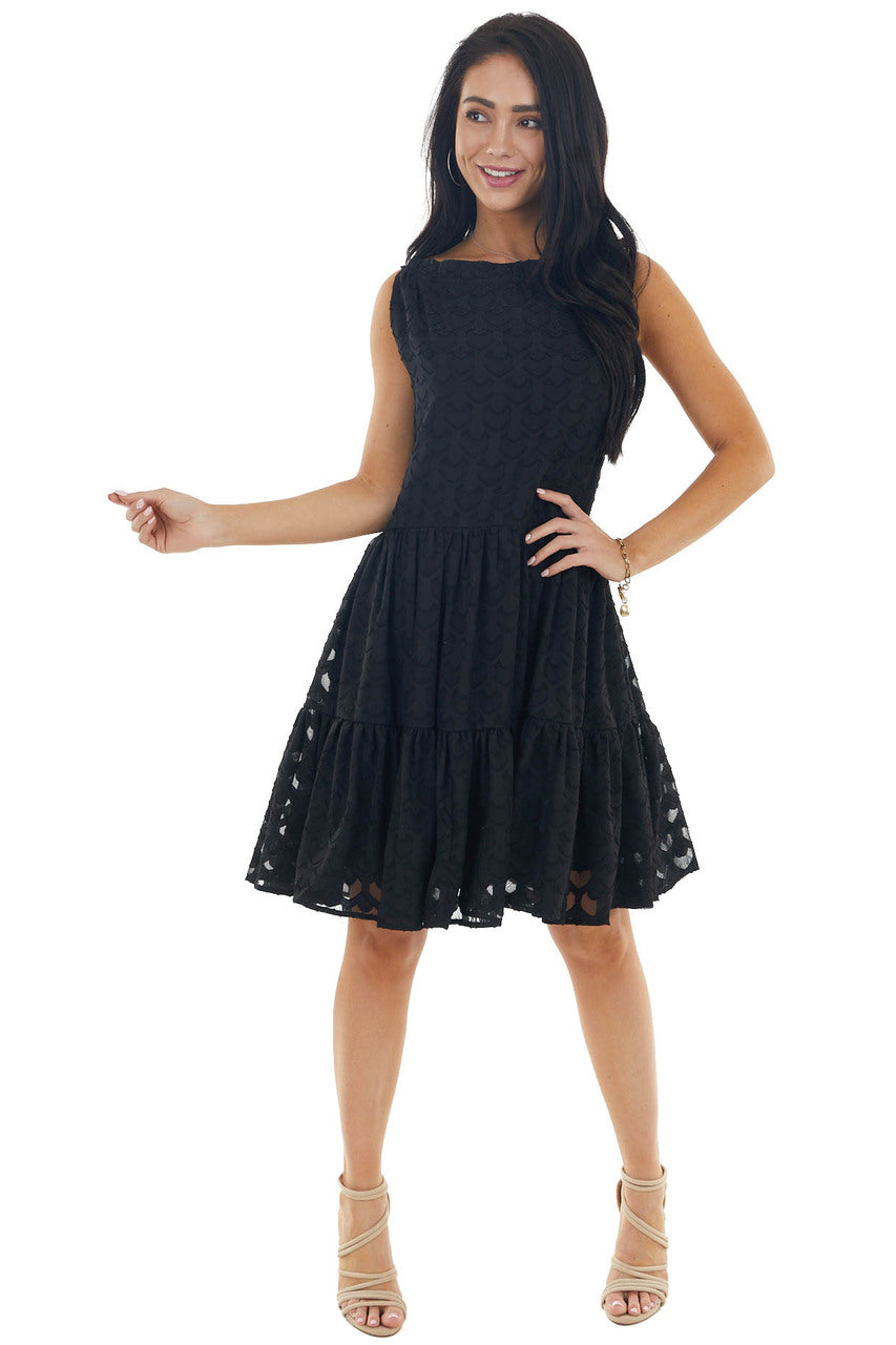 Black Jacquard Textured Tiered Dress with Halter Neckline 