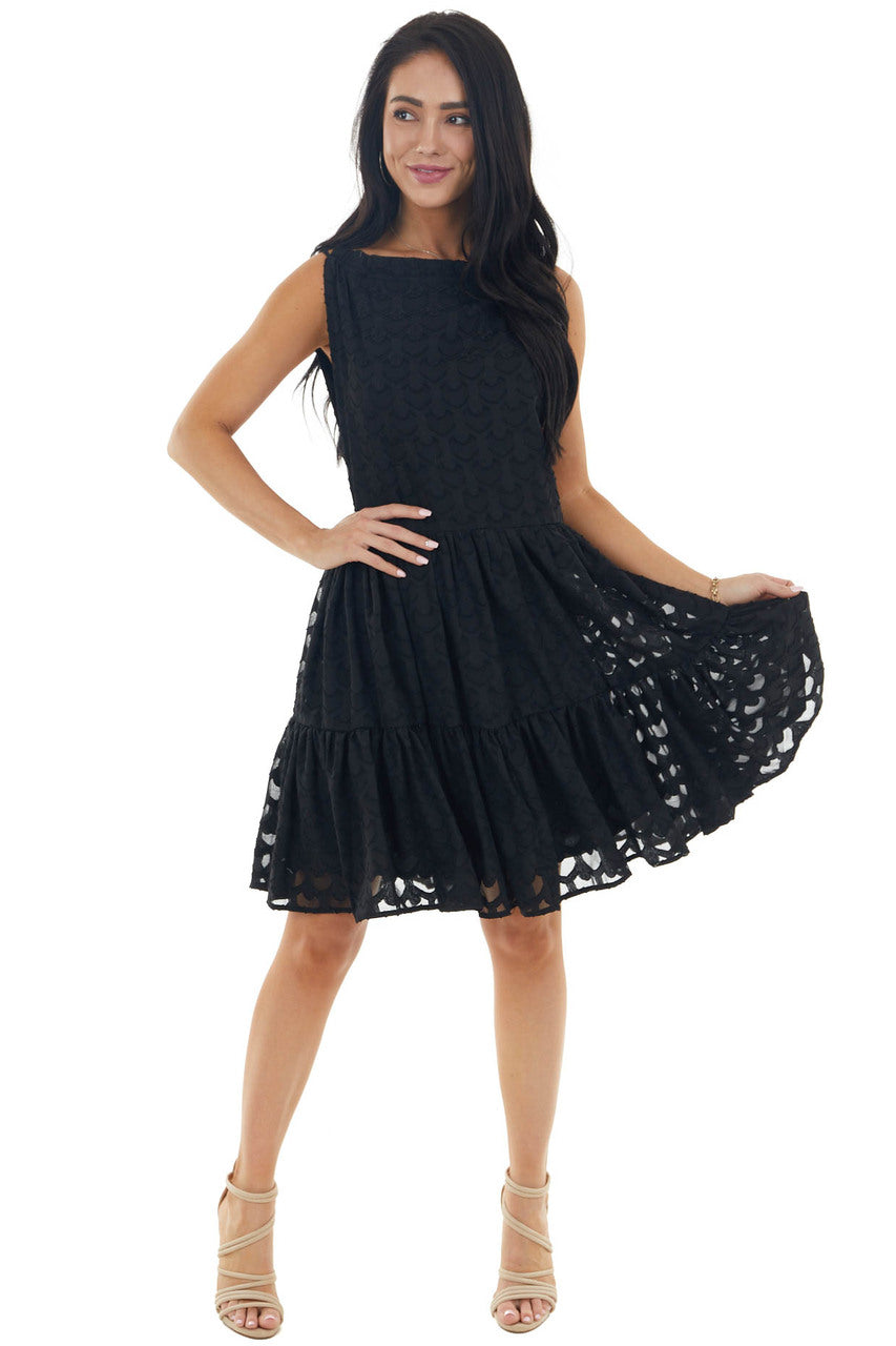 Black Jacquard Textured Tiered Dress with Halter Neckline 