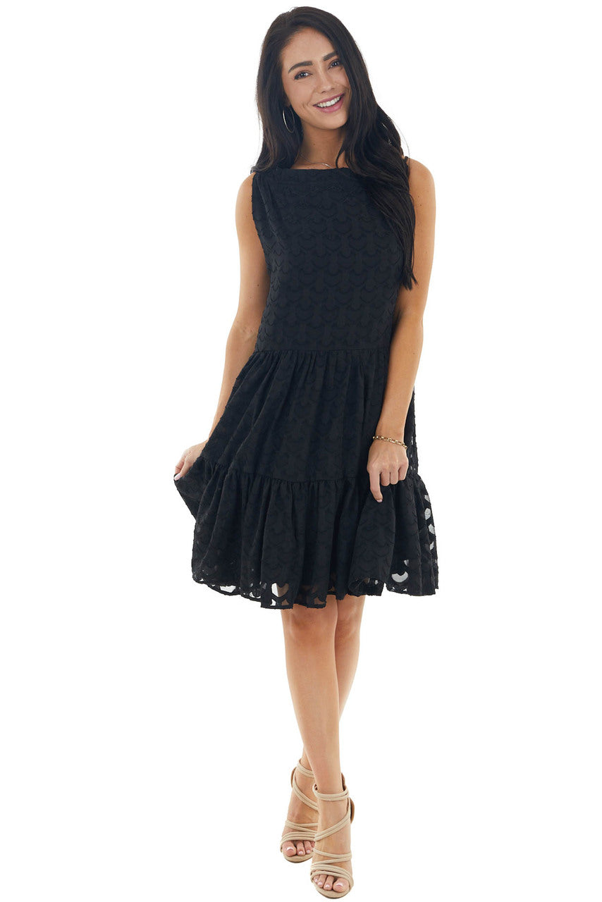 Black Jacquard Textured Tiered Dress with Halter Neckline 