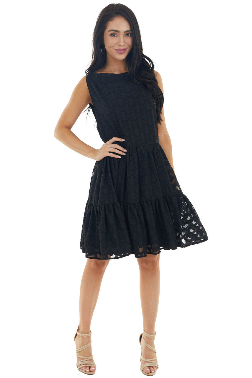 Black Jacquard Textured Tiered Dress with Halter Neckline 