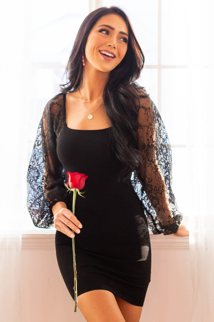 Black Lace Bubble Sleeve Bodycon Mini Dress