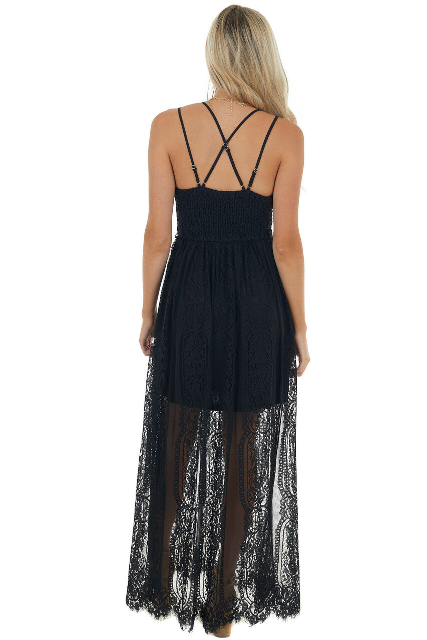 Black Lace Maxi Overlay Sleeveless Dress with Plunging Neck