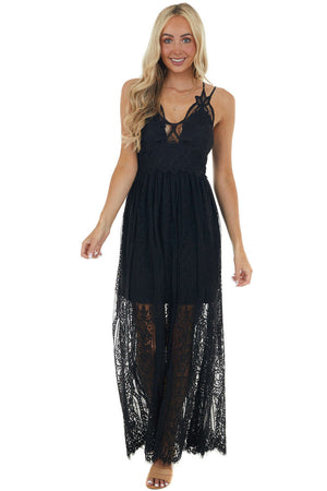 Black Lace Maxi Overlay Sleeveless Dress with Plunging Neck