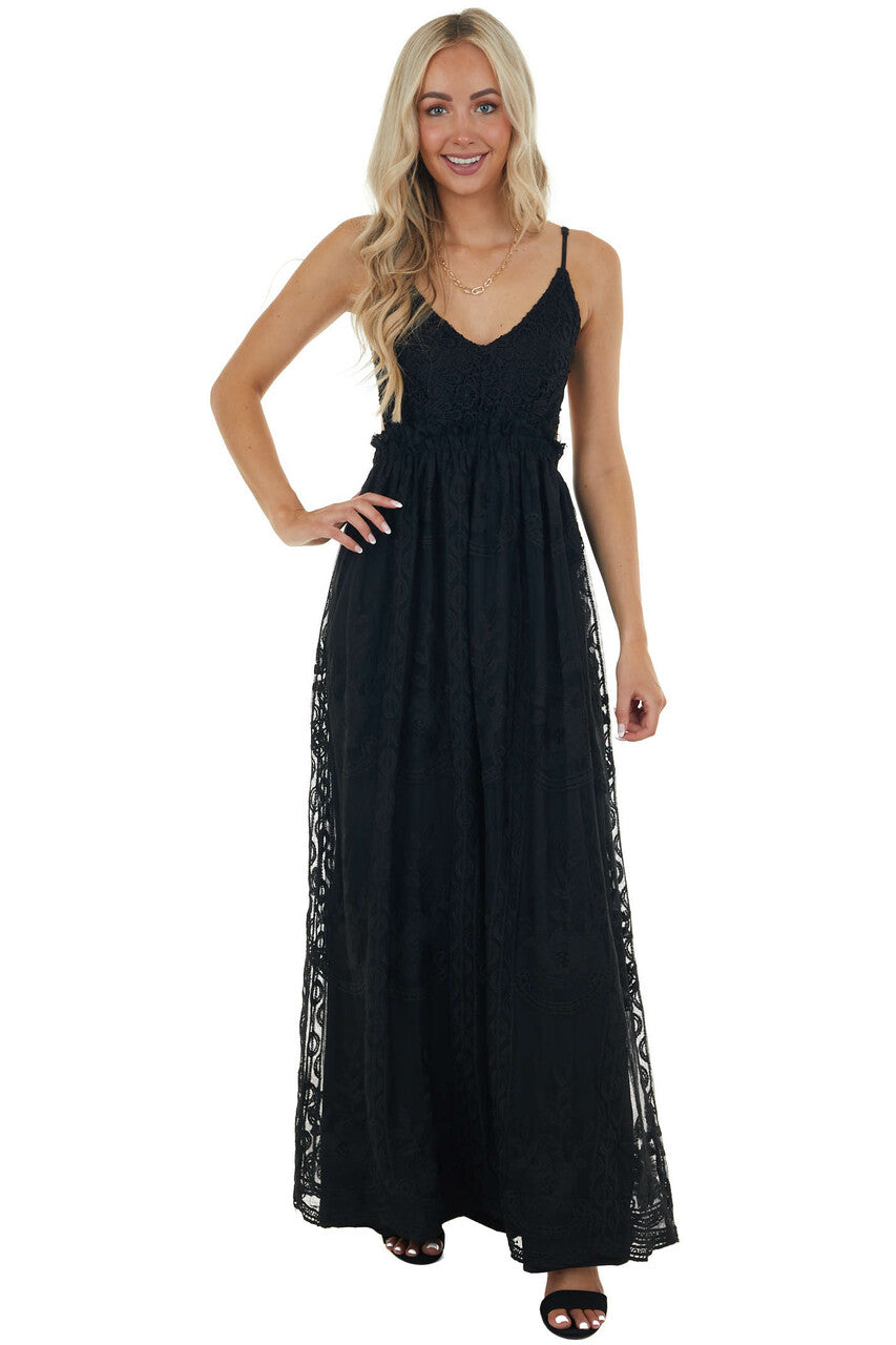 Black Lace Sleeveless Open Back Maxi Dress