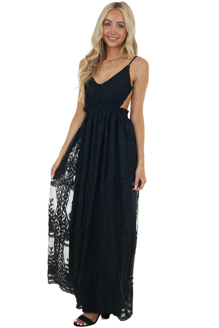 Black Lace Sleeveless Open Back Maxi Dress