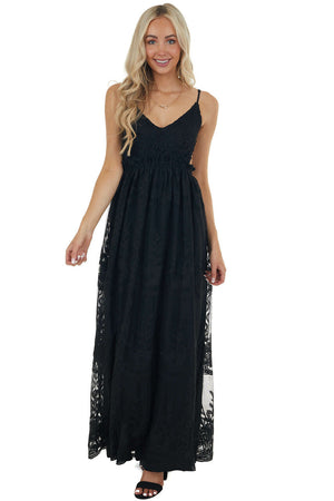 Black Lace Sleeveless Open Back Maxi Dress