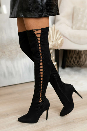 Black Lace Up Thigh High Stiletto Suede Boots