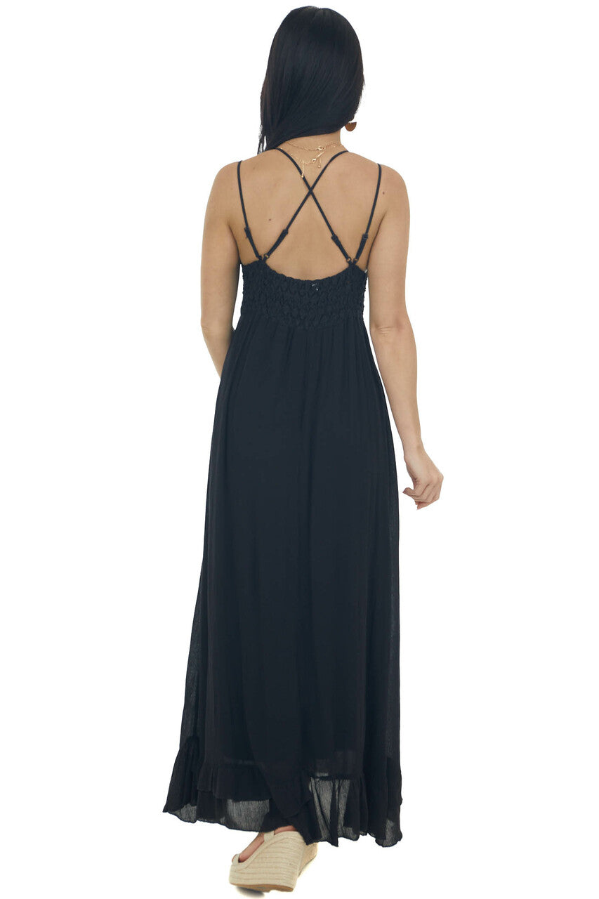 Black Lace V Neck Maxi Dress with Ruffle Hem