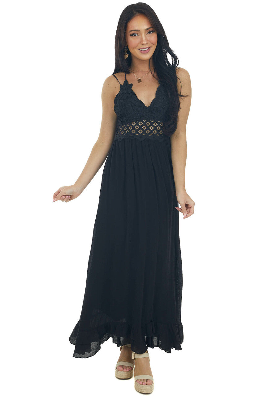 Black Lace V Neck Maxi Dress with Ruffle Hem