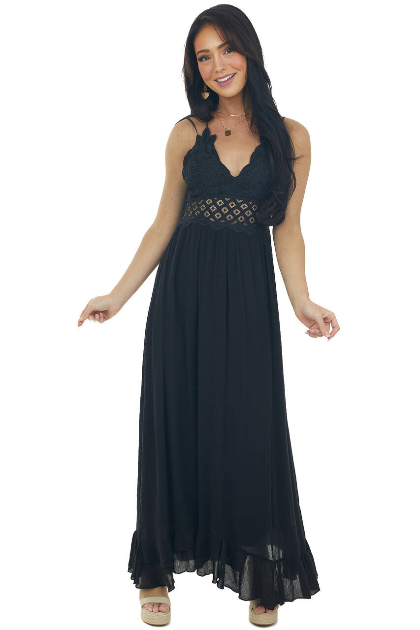Black Lace V Neck Maxi Dress with Ruffle Hem
