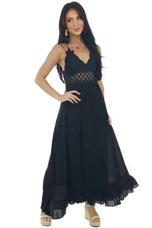 Black Lace V Neck Maxi Dress with Ruffle Hem