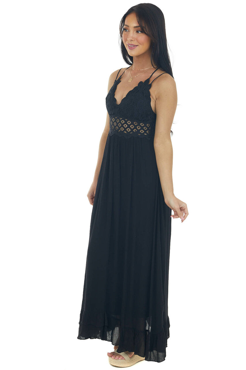 Black Lace V Neck Maxi Dress with Ruffle Hem