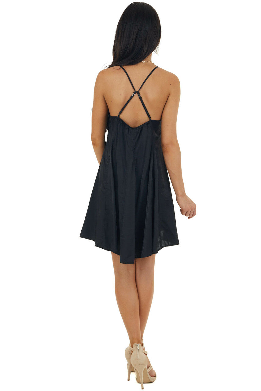 Black Large Pleat Sleeveless Cami Dress with V Neck