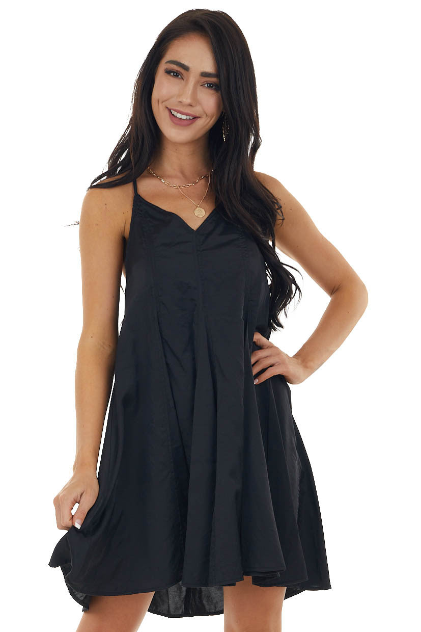 Black Large Pleat Sleeveless Cami Dress with V Neck