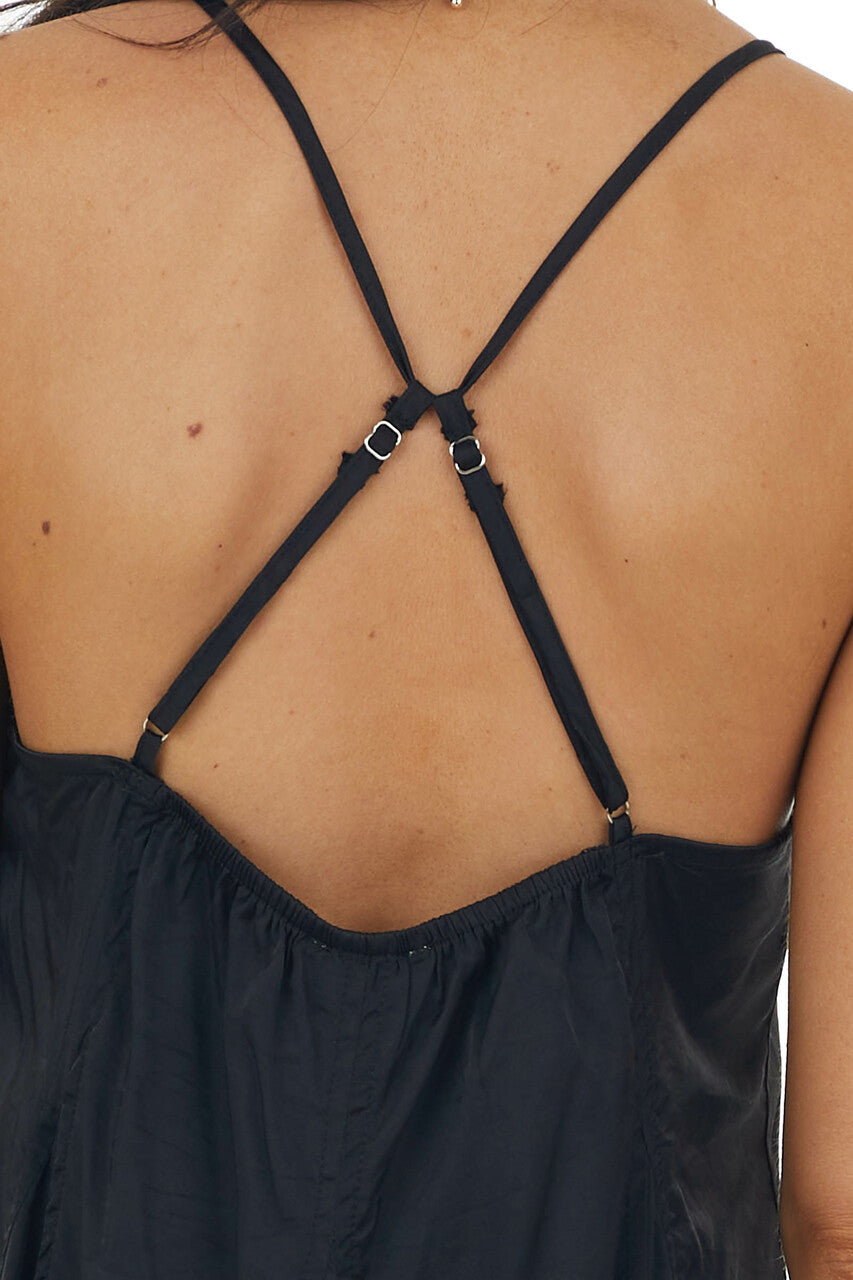 Black Large Pleat Sleeveless Cami Dress with V Neck