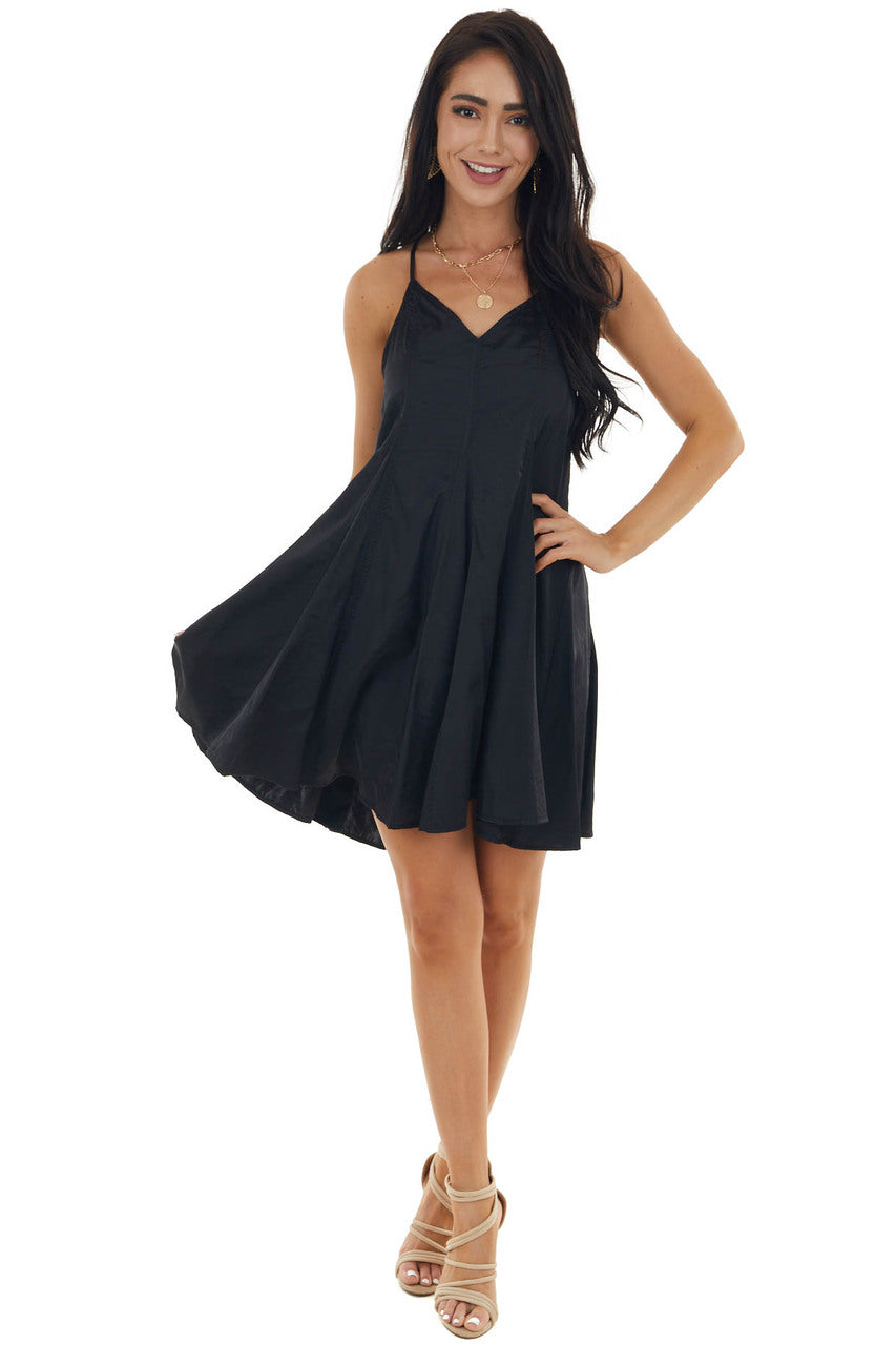 Black Large Pleat Sleeveless Cami Dress with V Neck