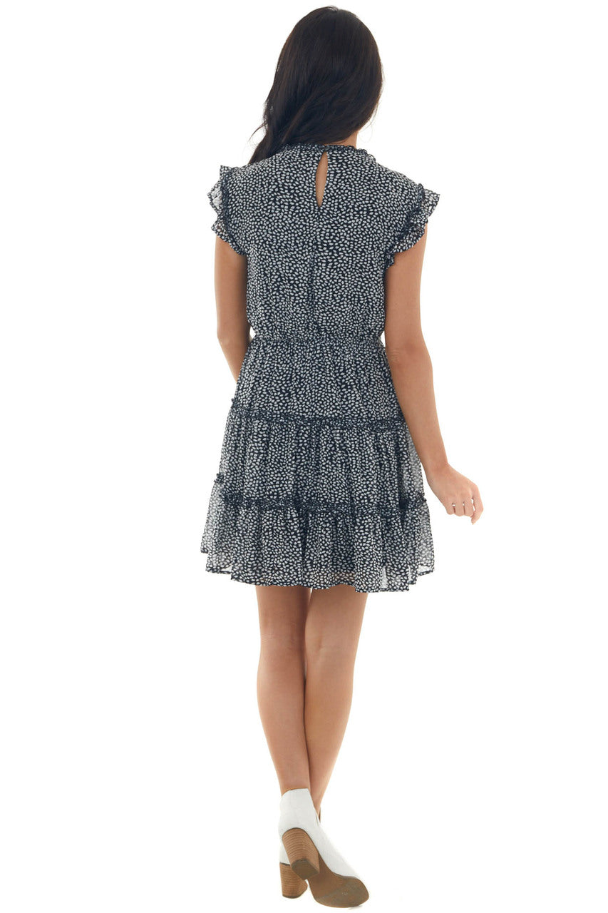 Black Leaf Print Tiered Cap Sleeve Frill Dress