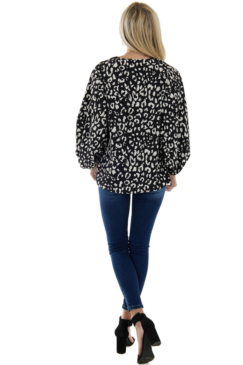 Black Leopard Print V Neck 3/4 Sleeve Blouse