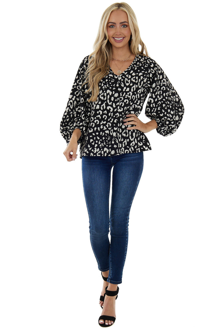 Black Leopard Print V Neck 3/4 Sleeve Blouse