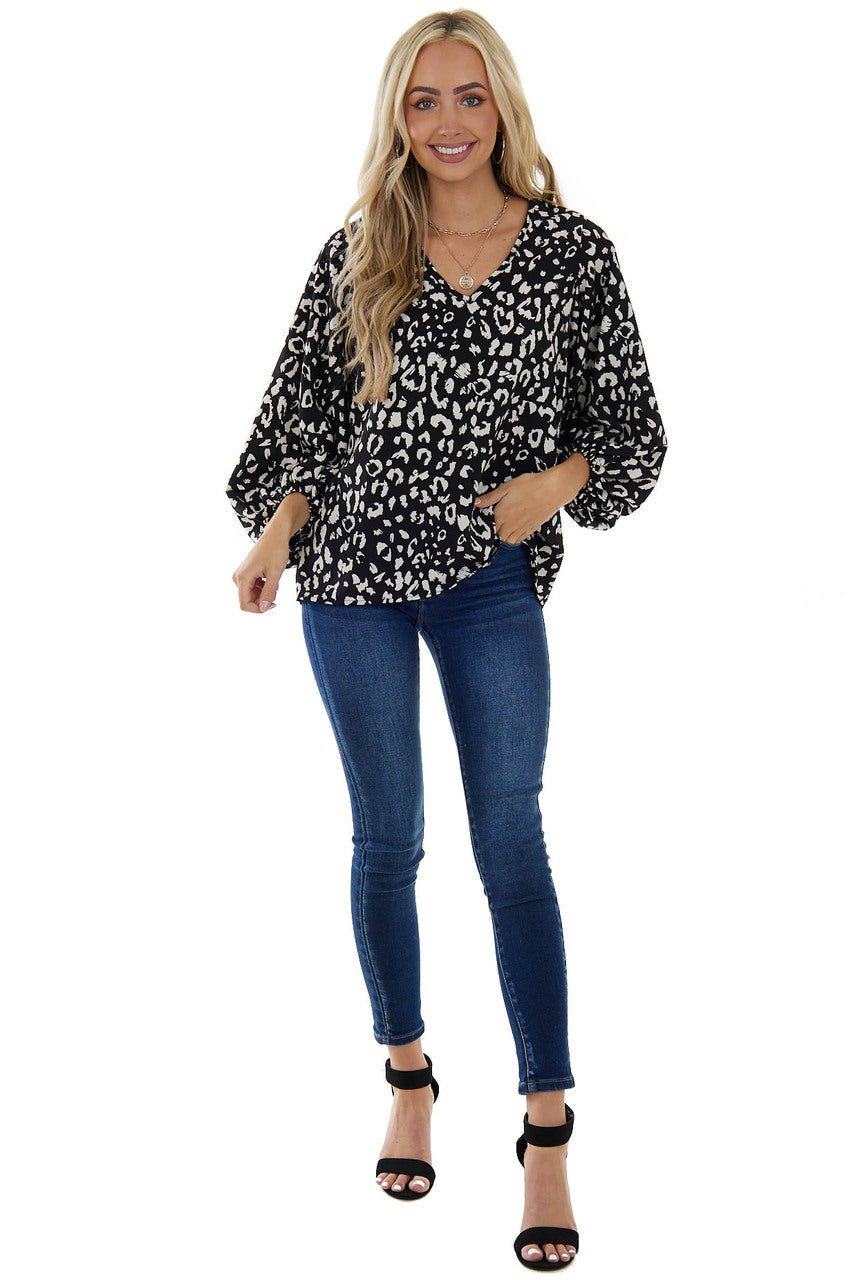 Black Leopard Print V Neck 3/4 Sleeve Blouse
