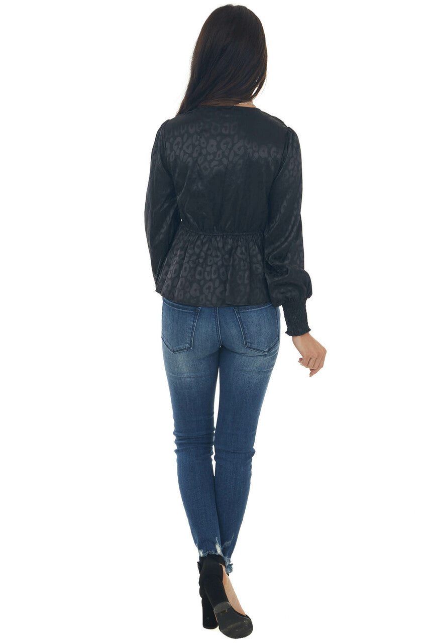 Black Leopard Print V Neck Peplum Satin Blouse