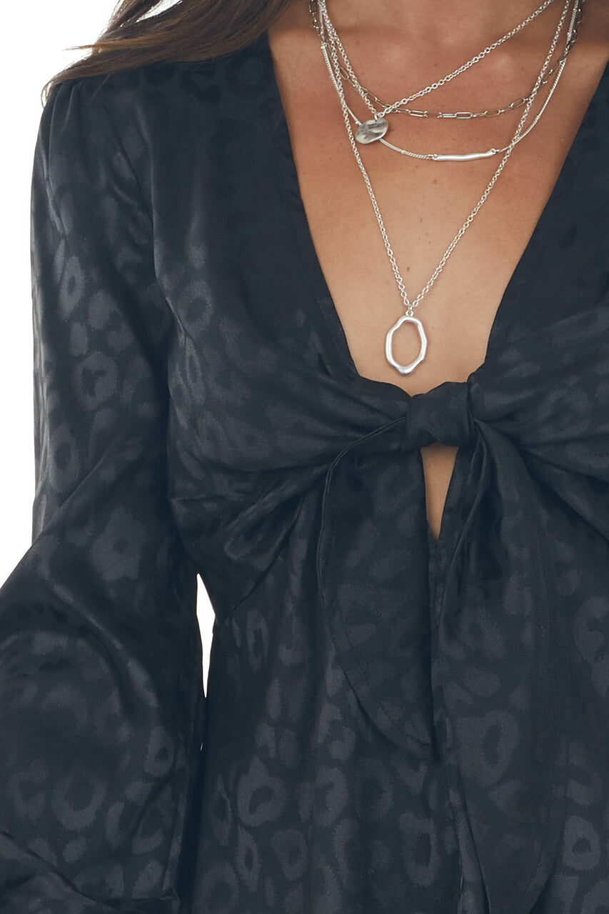 Black Leopard Print V Neck Peplum Satin Blouse