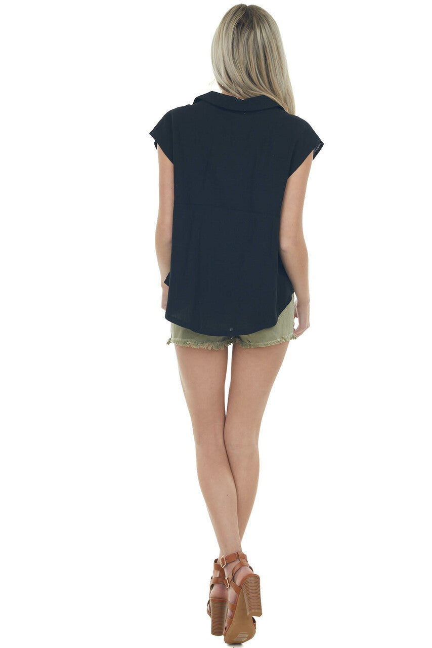 Black Linen Button Down Cap Sleeve Blouse
