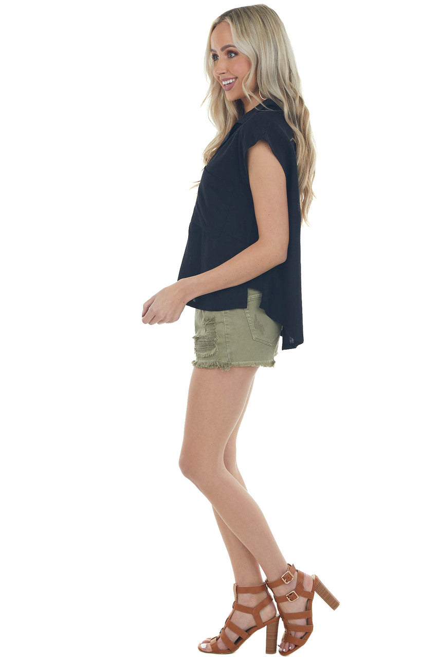 Black Linen Button Down Cap Sleeve Blouse