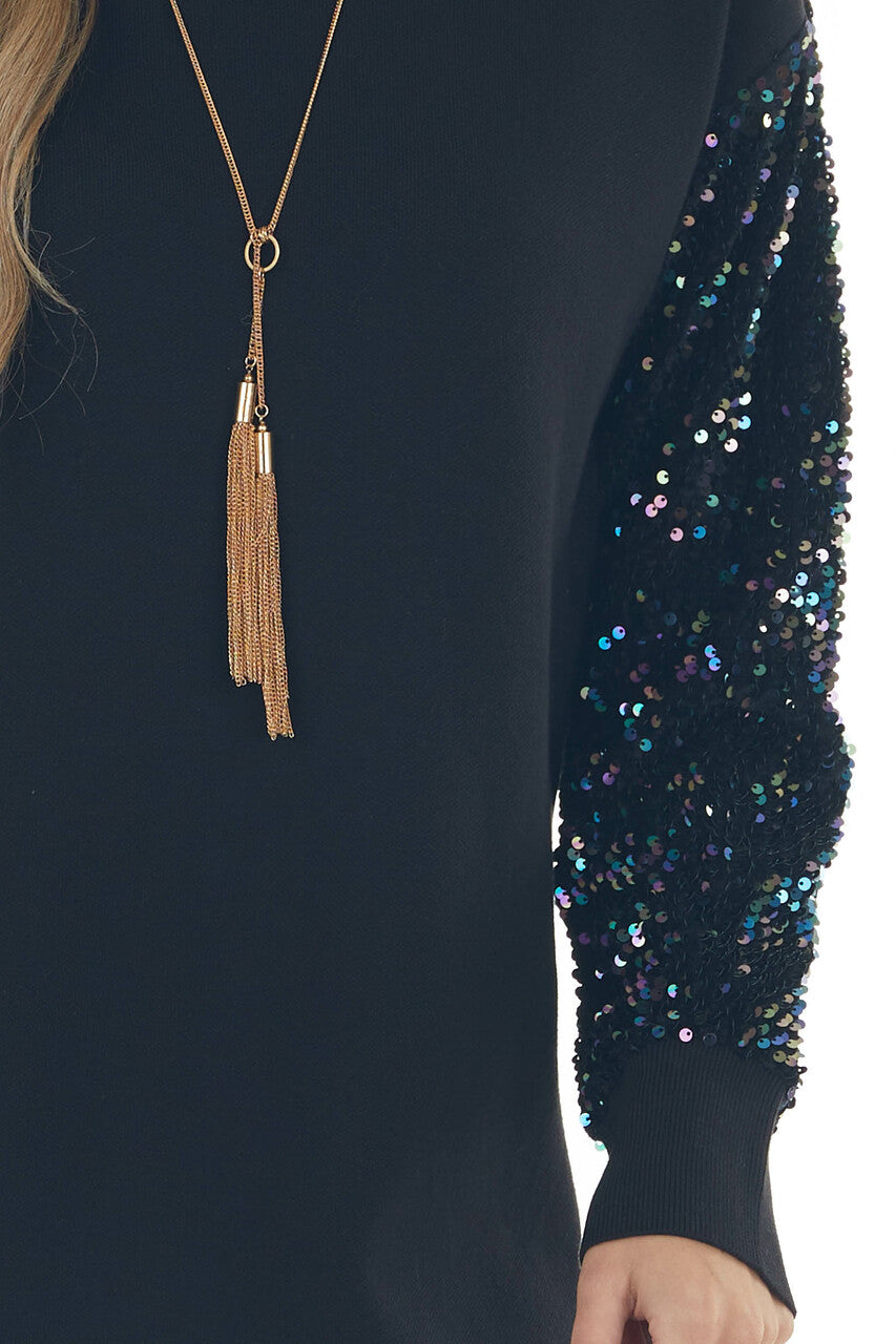 Black Long Sequin Sleeve Knit Sweater Dress