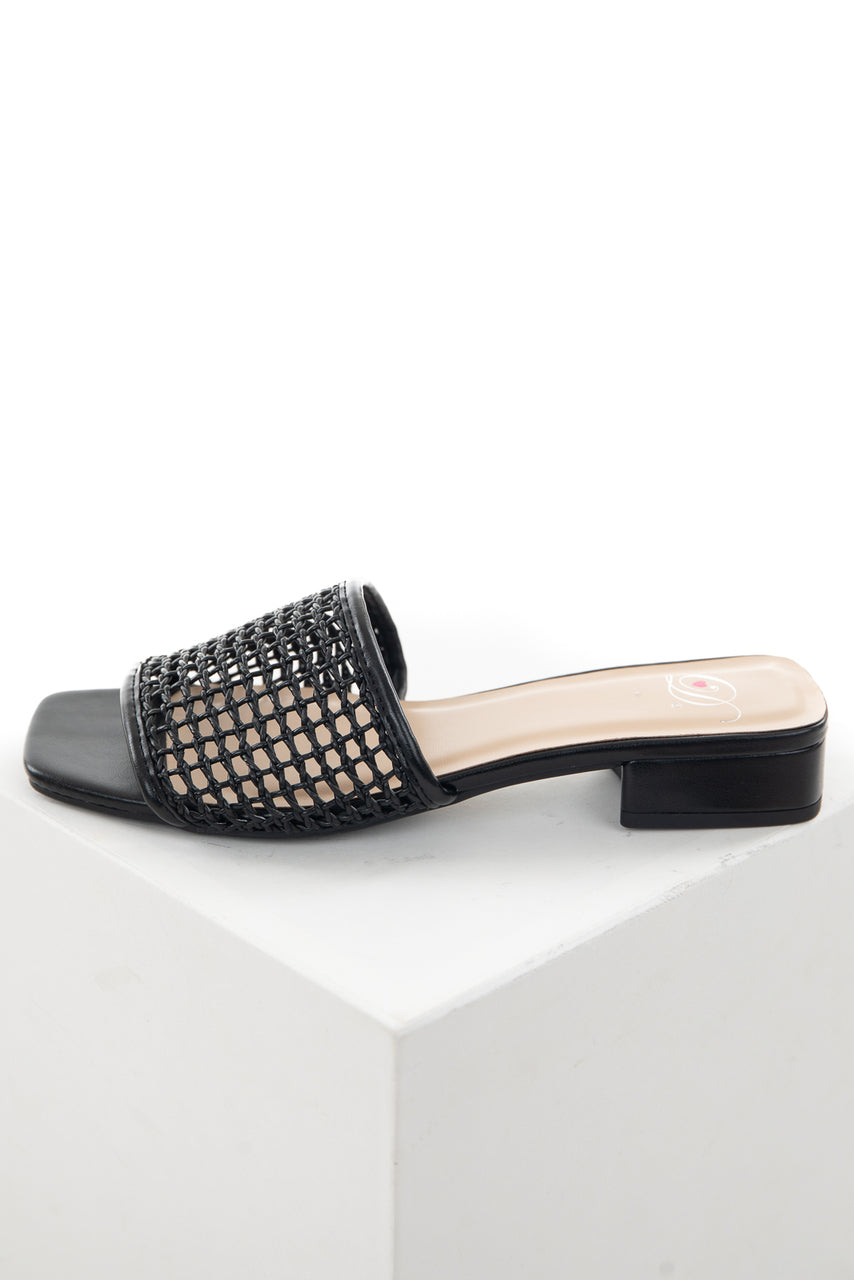 Black Loose Woven Strap Slip On Sandals with Low Heel