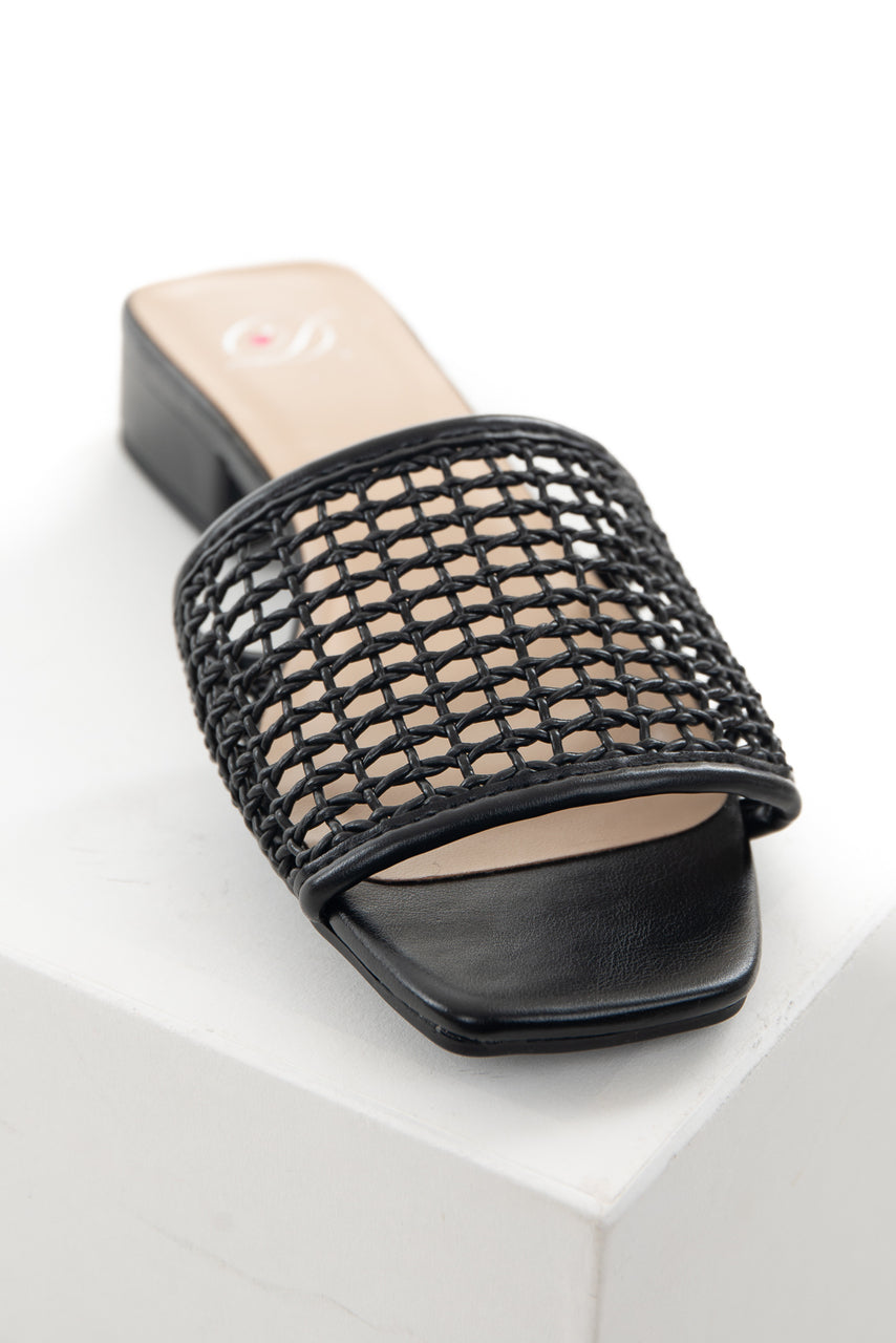 Black Loose Woven Strap Slip On Sandals with Low Heel